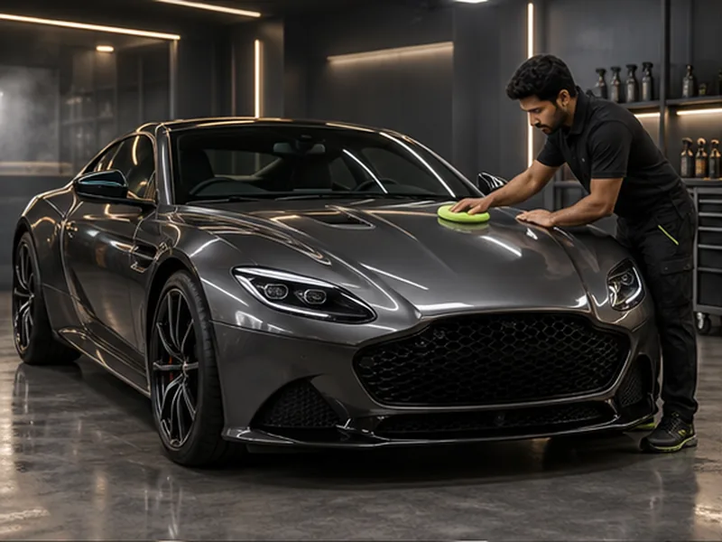 Detailer carefully polishing a car in the VELORA studio